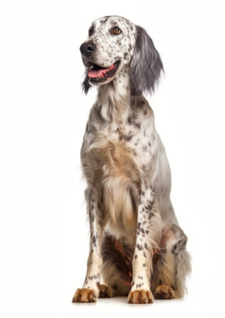 Studio shot of an English Setter sitting on a white background.の素材
