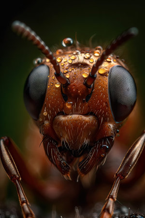 Macro of an ant with water droplets on its body.の素材