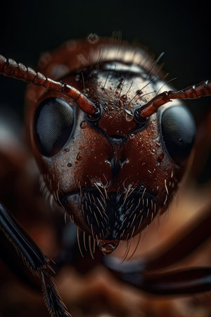 Macro closeup of an ant's head on a dark backgroundの素材