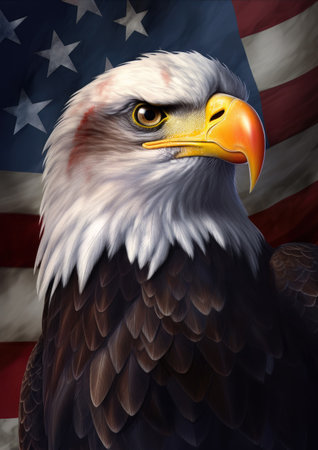 Bald Eagle on the background of the American flag. 3D renderingの素材