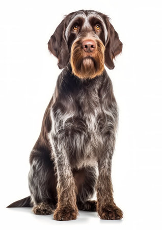German Wire-haired Pointer sitting on white background. Studio shot.の素材