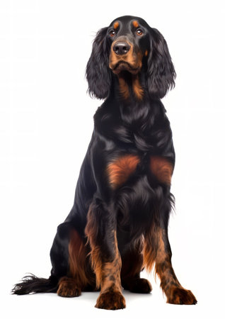 Gordon Setter sitting in front of a white background and looking upの素材