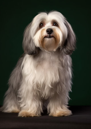 Studio photography of a Havanese dog on coloured backgroundsの素材
