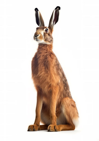 Brown hare isolated on white background. Studio shot. Side view.の素材