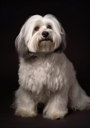Studio shot of an adorable Havanese dog on black background.の素材