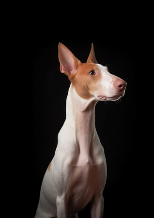 Portrait of a purebred Ibizan Hound on a black backgroundの素材