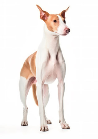 Portrait of a purebred Ibizan Hound on a white backgroundの素材