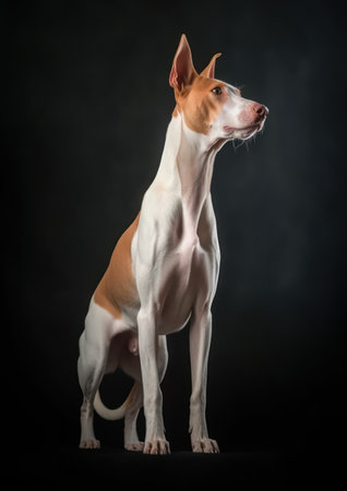 Portrait of an Ibizan Hound standing on black backgroundの素材