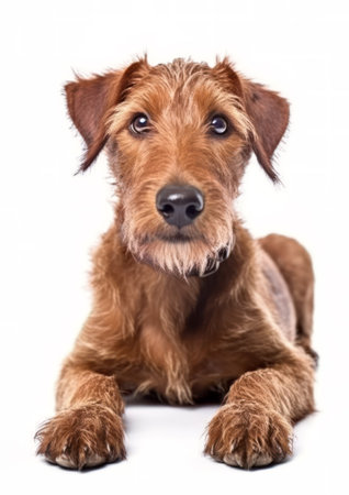 Portrait of a purebred Irish Terrier on a white backgroundの素材