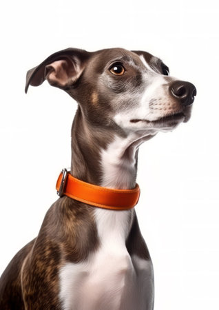 Italian Greyhound with an orange collar isolated on a white background.の素材