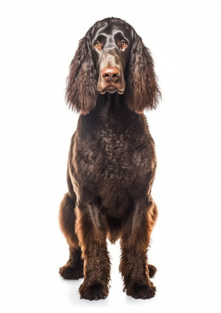 Irish Water Spaniel in front of a white background. Studio shot.の素材