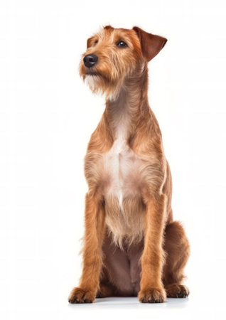 Studio shot of an adorable Irish terrier sitting on white background.の素材