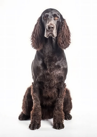 Irish Water Spaniel dog sitting on white background. Studio shot.の素材