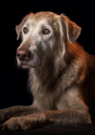 Studio portrait of an Irish Wolfhound on a black background.の素材