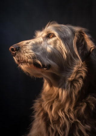 Studio portrait of a purebred Irish Wolfhound dog on a black background.の素材