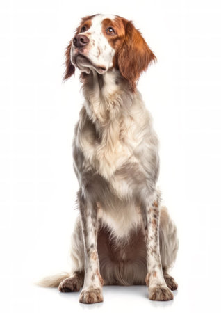 Irish red and white setter in front of white backgroundの素材