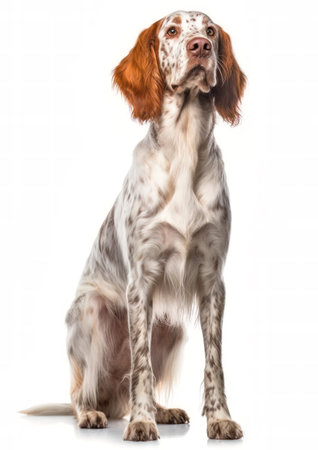 Irish red and white setter sitting on white background. Looking at the camera. Front view.の素材
