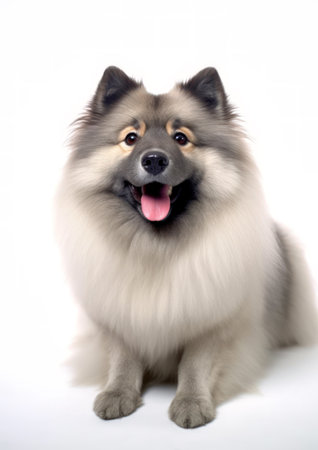 Portrait of a purebred Keeshond on a white backgroundの素材