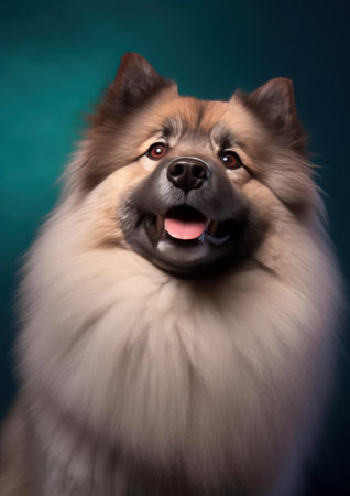 Studio portrait of a Keeshond on dark background.の素材