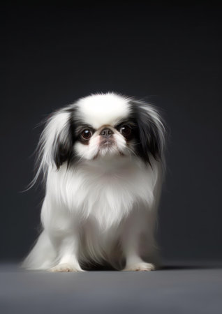 Japanese Chin on a grey background. Studio shot. Isolated.の素材