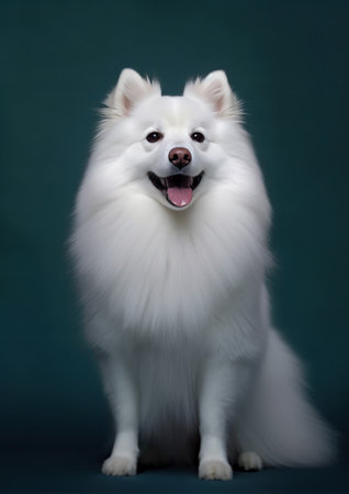 Japanese Spitz on a blue background. Studio shot.の素材