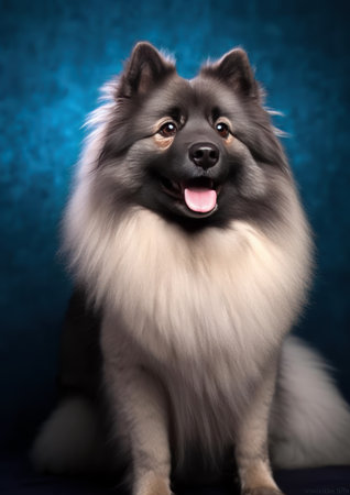 Keeshond dog on a blue background. Portrait of a purebred dog.の素材