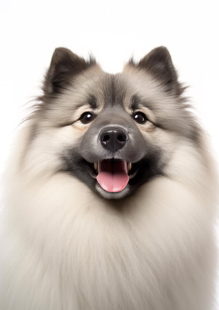 Keeshond in front of a white background.の素材