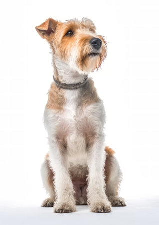 Studio shot of an adorable Lakeland Terrier sitting on white background.の素材