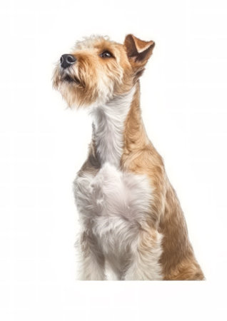 Studio shot of a cute purebred Lakeland Terrier sitting on white background.の素材