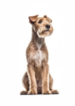 Studio shot of an adorable Lakeland Terrier dog sitting on white background.の素材