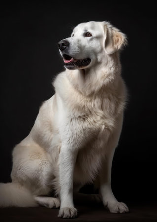 Studio portrait of a Kuvasz sitting on a black background.の素材