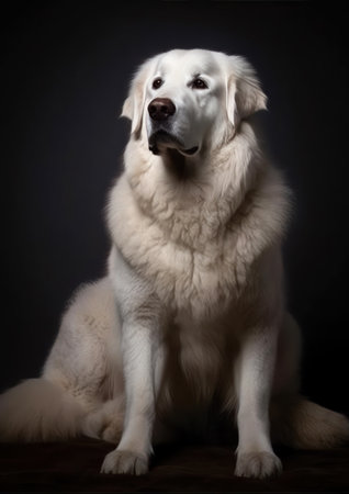 Studio portrait of a Kuvasz on a black background.の素材