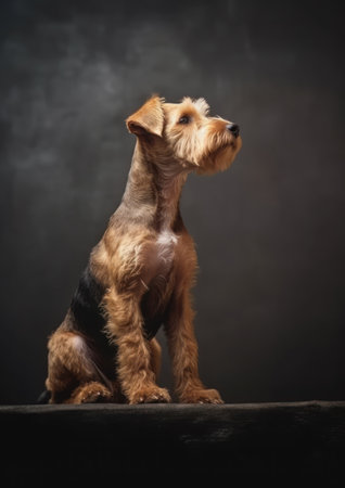 Portrait of a purebred Lakeland Terrier on a dark backgroundの素材
