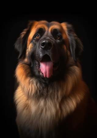 Portrait of a beautiful leonberger dog on a black backgroundの素材