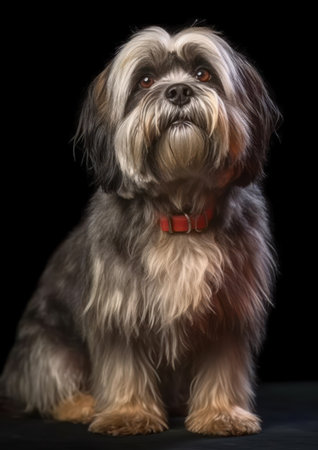 Studio shot of an adorable Lhasa Apso sitting on black background.の素材