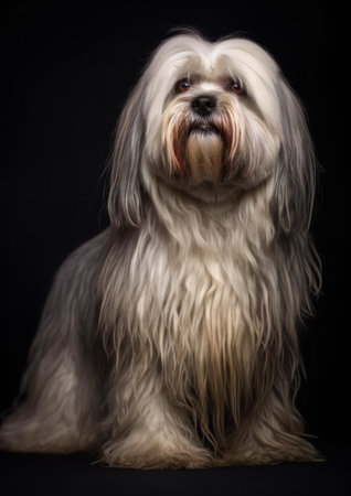 Studio shot of an adorable Lhasa Apso on black background.の素材