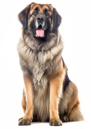 Leonberger sitting in front of white background. isolated on white backgroundの素材