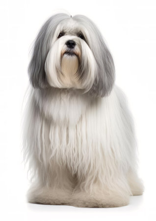 Studio shot of a Lhasa Apso standing isolated on white background.の素材