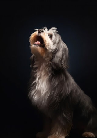 Lowchen on a black background. Studio photo of a dog.の素材