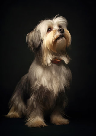 Studio portrait of a Lowchen on a black backgroundの素材