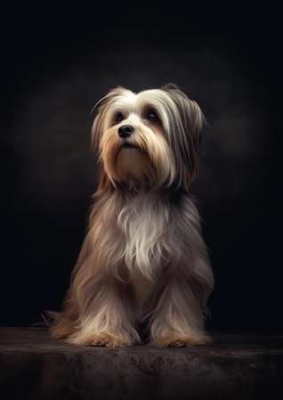Lowchen on a black background in a studio photo.の素材
