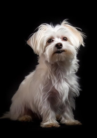 Studio shot of a Maltese dog sitting on black background, looking at camera.の素材