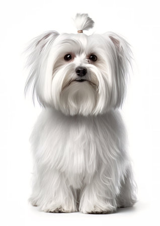 Cute Maltese dog sitting in front of a white background.の素材