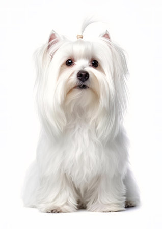 Portrait of a Maltese dog in front of a white backgroundの素材