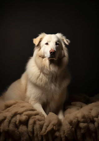 Studio portrait of a Maremma Sheepdog on a black background.の素材