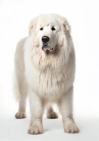 White Caucasian Shepherd Dog standing on white background. Studio shot. Isolated.の素材