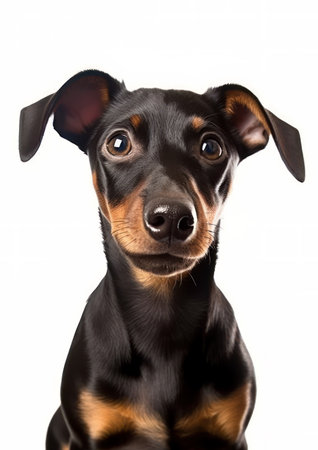 Close-up portrait of a black and tan miniature pinscher on a white backgroundの素材