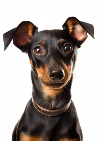 Portrait of a purebred miniature pinscher dog on a white backgroundの素材
