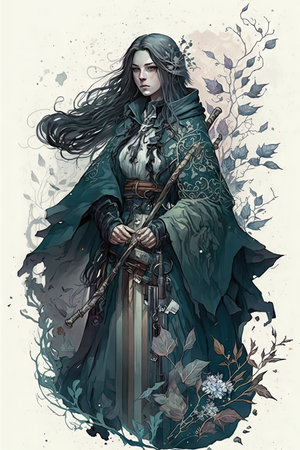 Fantasy illustration of a girl in a green dress with a sword.の素材