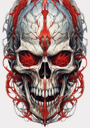Human skull with blood vessels on white background. 3D illustration.の素材